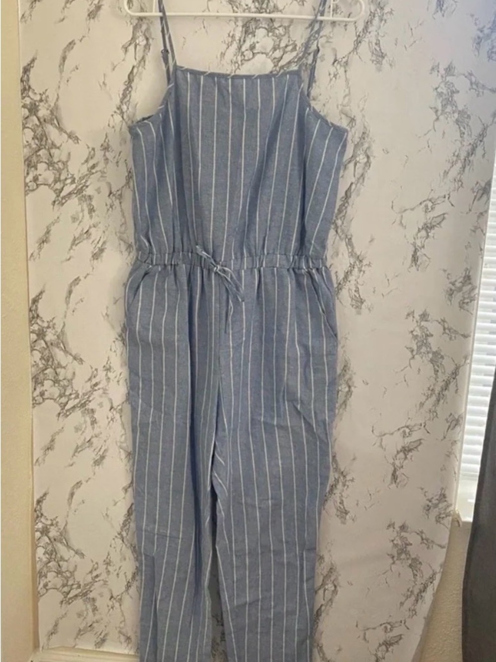 Ci Sono Blue and White Striped Linen-Blend Jumpsuit